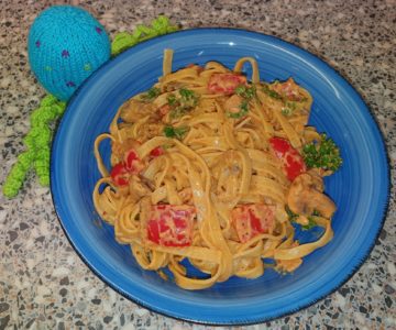 Tagliatelle met Boursin, champignons en paprika