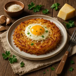 Goudbruine aardappelkoek belegd met een gebakken ei en geraspte Parmezaan, gegarneerd met peterselie en geserveerd op een rustieke houten tafel met ingrediënten eromheen.