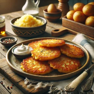 Een realistische foto van knapperige aardappelkoekjes, geserveerd op een rustiek keramieken bord op een doorleefde houten tafel. De goudbruine aardappelkoekjes zijn perfect gebakken, met een knapperige buitenkant en een zachte, luchtige binnenkant. Een snufje versgemalen zwarte peper en een vleugje zout versterken de smaak. Ernaast staat een klein schaaltje met zure room of appelmoes om in te dippen. Op de achtergrond ligt een houten snijplank met extra geraspte aardappelen en een schaaltje bloem, subtiel vervaagd. Zacht natuurlijk licht benadrukt de texturen en kleuren, wat zorgt voor een warme, huiselijke sfeer.