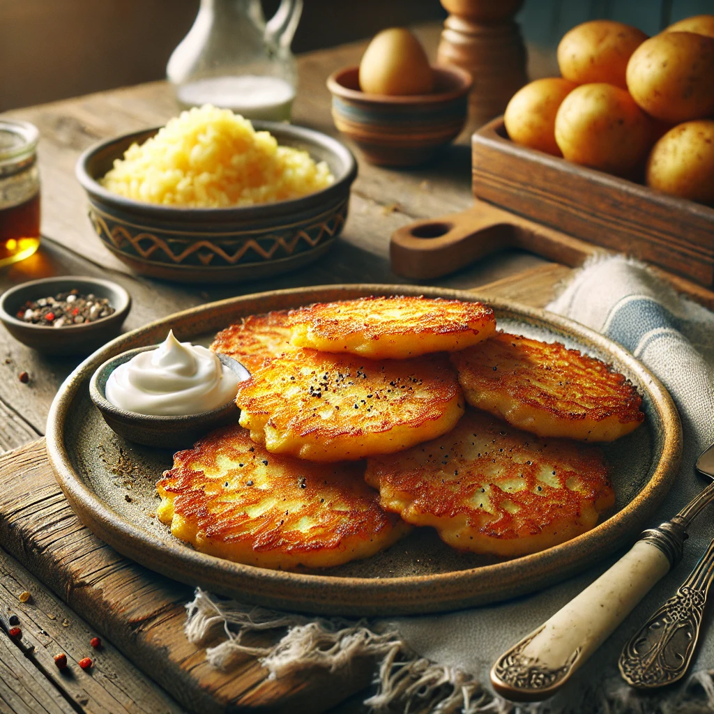 Een realistische foto van knapperige aardappelkoekjes, geserveerd op een rustiek keramieken bord op een doorleefde houten tafel. De goudbruine aardappelkoekjes zijn perfect gebakken, met een knapperige buitenkant en een zachte, luchtige binnenkant. Een snufje versgemalen zwarte peper en een vleugje zout versterken de smaak. Ernaast staat een klein schaaltje met zure room of appelmoes om in te dippen. Op de achtergrond ligt een houten snijplank met extra geraspte aardappelen en een schaaltje bloem, subtiel vervaagd. Zacht natuurlijk licht benadrukt de texturen en kleuren, wat zorgt voor een warme, huiselijke sfeer.