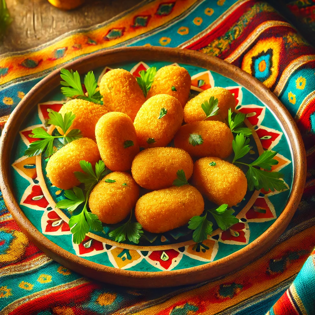 Goudbruine aardappelkroketten, knapperig gefrituurd en geserveerd op een rustiek keramisch bord, gegarneerd met verse peterselie. De achtergrond straalt warmte en levendigheid uit met heldere, feestelijke kleuren en decoratieve patronen. 🍟✨🌿
