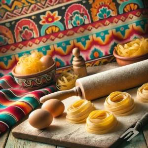 Vers uitgerolde pastavellen op een rustieke houten ondergrond, licht bestoven met bloem. Ernaast liggen verse eieren, een deegroller en een pastasnijder. De achtergrond heeft warme, levendige kleuren en subtiele decoratieve patronen die een ambachtelijke en uitnodigende sfeer creëren. 🍝✨