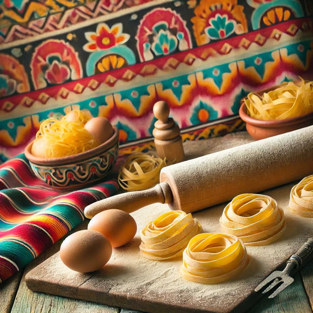 Vers uitgerolde pastavellen op een rustieke houten ondergrond, licht bestoven met bloem. Ernaast liggen verse eieren, een deegroller en een pastasnijder. De achtergrond heeft warme, levendige kleuren en subtiele decoratieve patronen die een ambachtelijke en uitnodigende sfeer creëren. 🍝✨