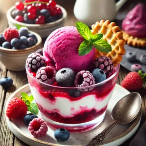 Verfrissend dessert zomer met een bolletje zomerfruitijs en romige kwark in een schaaltje, afgewerkt met vruchtensiroop en munt – perfect als ijs met zomerfruit, een makkelijk ijsrecept zonder ijsmachine voor warme dagen.