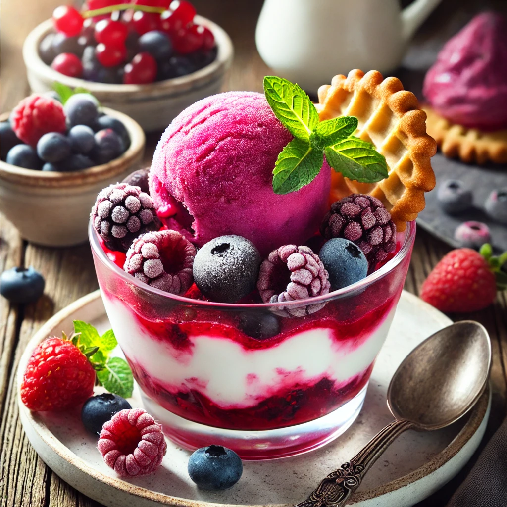 Verfrissend dessert zomer met een bolletje zomerfruitijs en romige kwark in een schaaltje, afgewerkt met vruchtensiroop en munt – perfect als ijs met zomerfruit, een makkelijk ijsrecept zonder ijsmachine voor warme dagen.