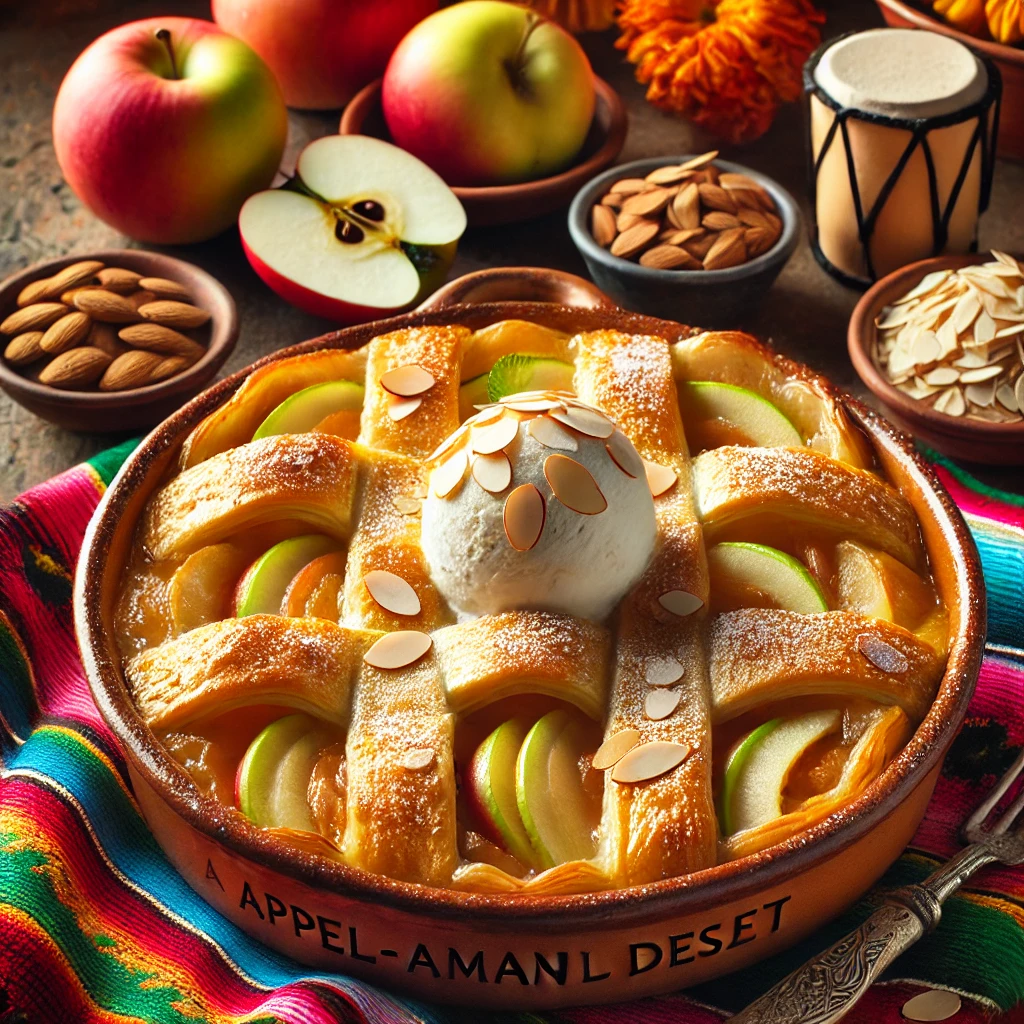 Een sfeervolle Mexicaans geïnspireerde presentatie van 'Appel-Amandeldessert'. Het dessert wordt geserveerd in een rustieke keramische ovenschaal, gevuld met goudbruin bladerdeeg dat een warme appel- en amandelvulling bedekt. Het deeg is versierd met decoratieve appeltjes en licht bestrooid met poedersuiker. Verse appelschijfjes, amandelschaafsel en een bolletje vanille-ijs sieren de bovenkant. De achtergrond bevat warme, kleurrijke Mexicaanse textielelementen en rustiek houten servies, wat zorgt voor een uitnodigende en feestelijke uitstraling.