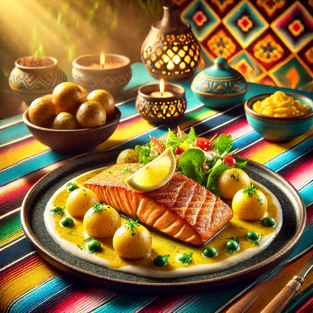 Perfect gegaarde zalmfilet geserveerd met een romige citroen beurre blanc, vergezeld door kleine krieltjes in de schil, een frisse groene salade en partjes citroen. Het gerecht is elegant gepresenteerd op een rustiek bord, met een warme achtergrond vol levendige kleuren en subtiele decoratieve patronen. 🍋🐟🥗✨