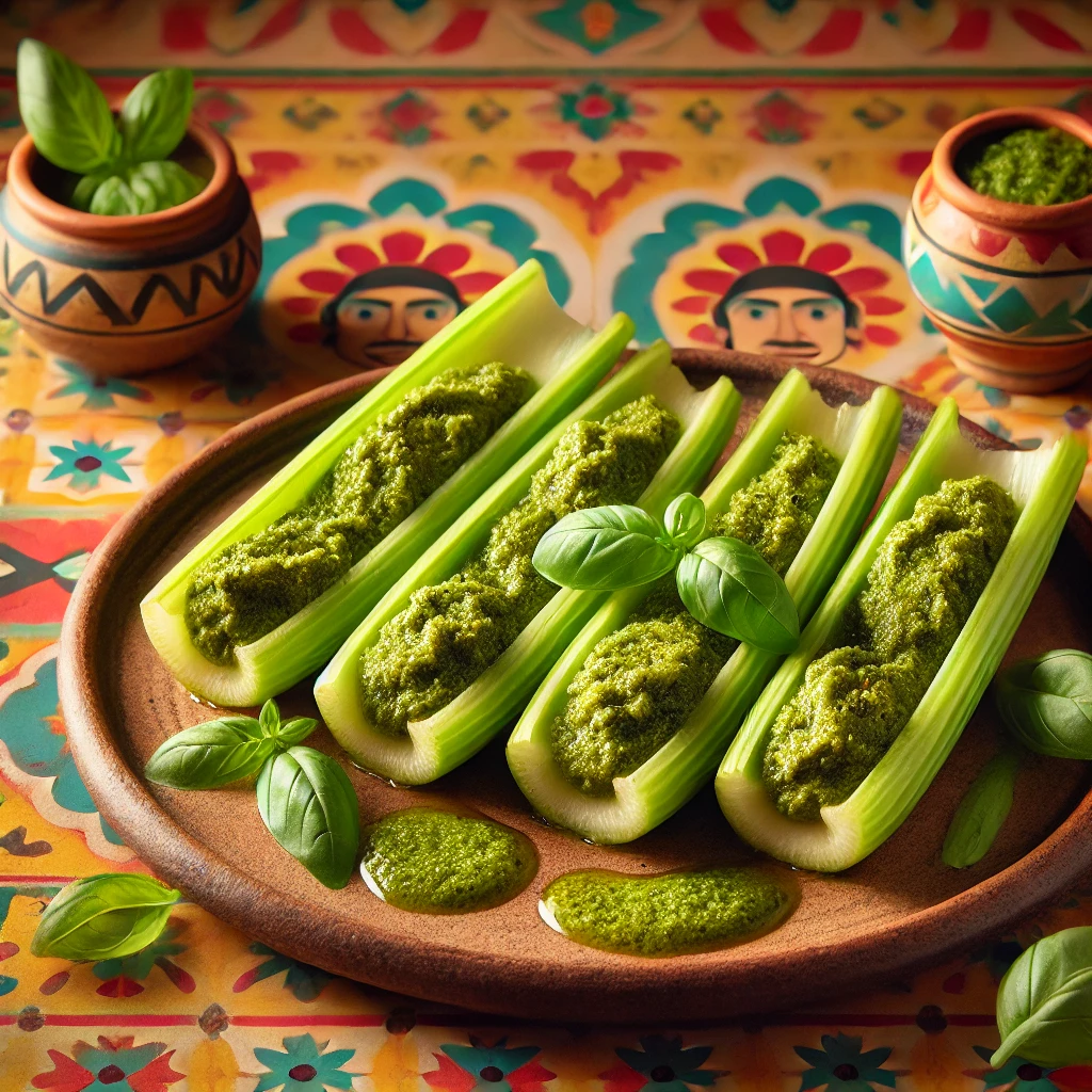 Gevulde selderijbootjes, elegant gerangschikt op een rustiek keramisch bord, gevuld met rijke, groene pestosaus en gegarneerd met verse basilicumblaadjes. De warme achtergrond straalt een uitnodigende sfeer uit met levendige kleuren en subtiele decoratieve patronen. 🌿🥒✨