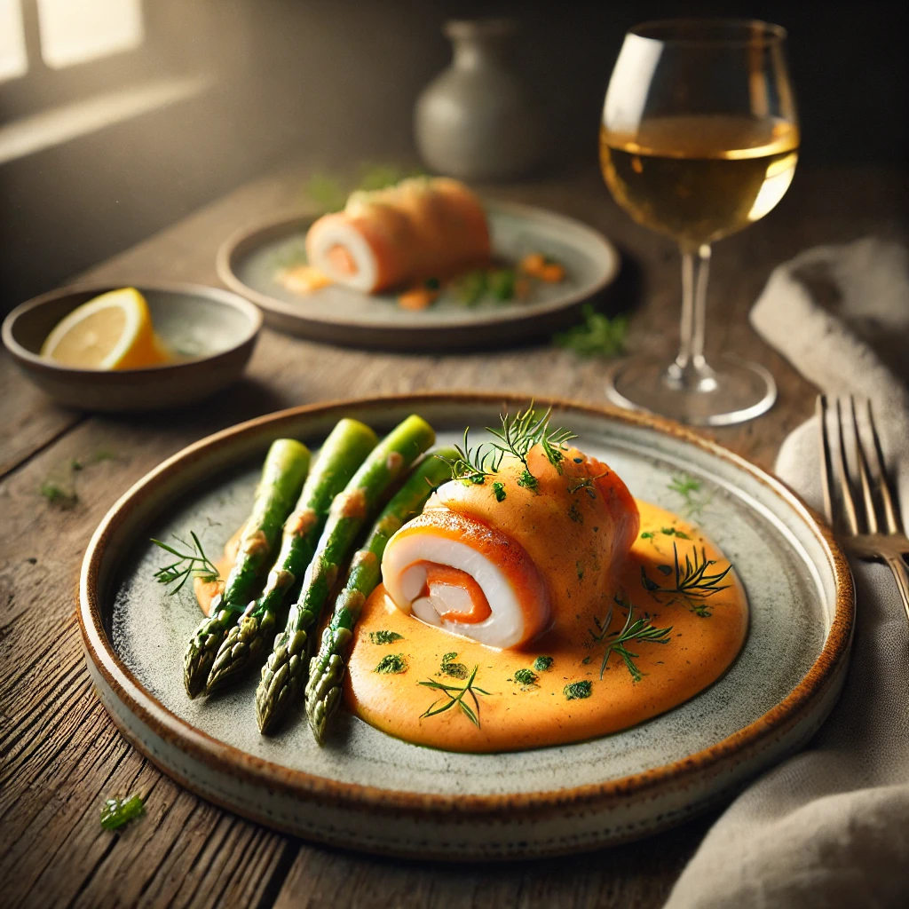 Tongrolletjes met zalmmousse en hollandaisesaus, verfijnd gepresenteerd op een keramisch bord, gegarneerd met verse kruiden en geserveerd met asperges en een schijfje citroen.