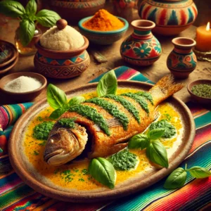 Een levendige, Mexicaans geïnspireerde presentatie van 'Hele Vis in Zoutkorst met Basilicumsaus'. De vis ligt in een goudbruine zoutkorst, deels opengebroken om de malse vis binnenin te onthullen. Romige basilicumsaus wordt elegant rondom de vis gedrapeerd, met verse basilicumblaadjes als garnering. Het gerecht wordt geserveerd op een rustieke keramische schaal, geplaatst op een houten tafel versierd met kleurrijke Mexicaanse textielaccenten. De warme achtergrond straalt een feestelijke en uitnodigende sfeer uit.