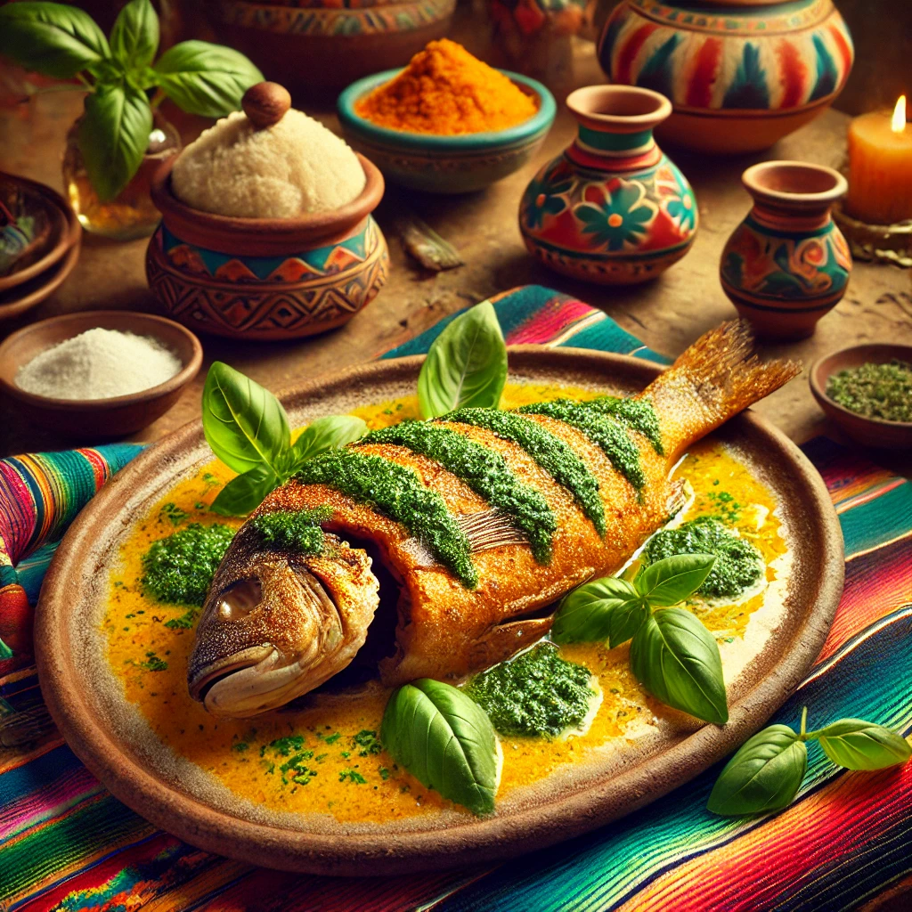 Een levendige, Mexicaans geïnspireerde presentatie van 'Hele Vis in Zoutkorst met Basilicumsaus'. De vis ligt in een goudbruine zoutkorst, deels opengebroken om de malse vis binnenin te onthullen. Romige basilicumsaus wordt elegant rondom de vis gedrapeerd, met verse basilicumblaadjes als garnering. Het gerecht wordt geserveerd op een rustieke keramische schaal, geplaatst op een houten tafel versierd met kleurrijke Mexicaanse textielaccenten. De warme achtergrond straalt een feestelijke en uitnodigende sfeer uit.