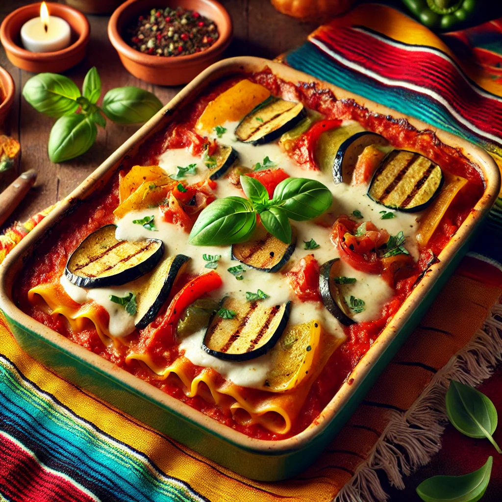 Een smaakvolle groentelasagne geserveerd in een rustieke ovenschaal, met zichtbare lagen van lasagnevellen, rijke tomatensaus, gegrilde courgette, aubergine, paprika en gesmolten mozzarella, gegarneerd met verse basilicumblaadjes. De warme achtergrond heeft levendige patronen en zachte belichting die de kleuren en texturen van het gerecht benadrukken. 🍅🧀🌿