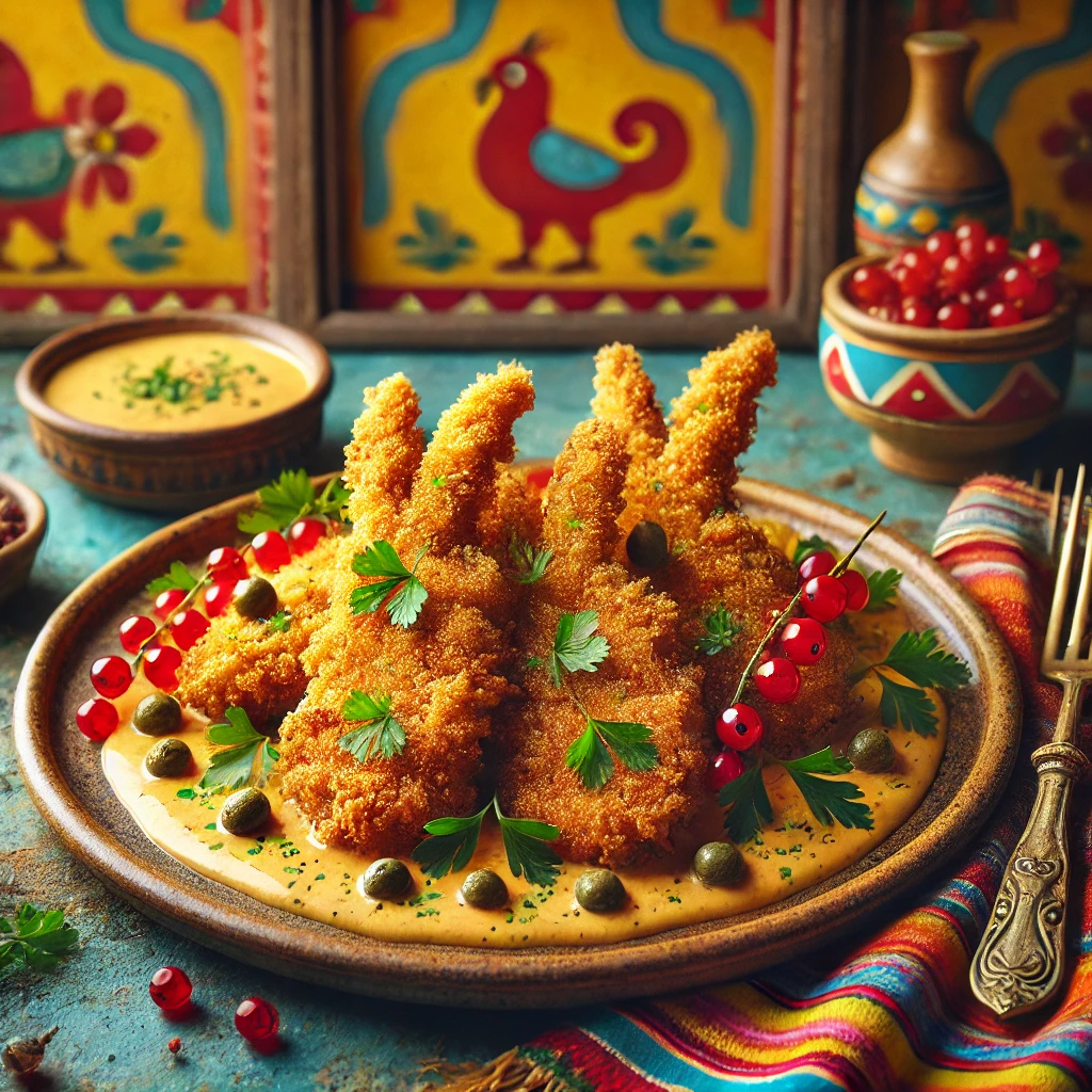 Goudbruin gebakken konijnerugfilets, geserveerd op een rustiek keramisch bord, gegarneerd met verse peterselie, kappertjes en helderrode aalbessen. Een romige saus wordt subtiel over het vlees gedruppeld, wat een rijke uitstraling geeft. De warme achtergrond heeft levendige patronen en een zachte belichting die het gerecht extra uitnodigend maken. 🍖🌿✨