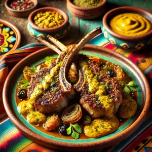 Goudbruin geroosterde lamskoteletten met een krokante mosterdkorst, geserveerd op een rustiek keramisch bord. Het gerecht is gegarneerd met verse kruiden en besprenkeld met een romige mosterdsaus. De warme achtergrond straalt een uitnodigende sfeer uit met levendige kleuren en subtiele decoratieve patronen. 🍖🌿✨