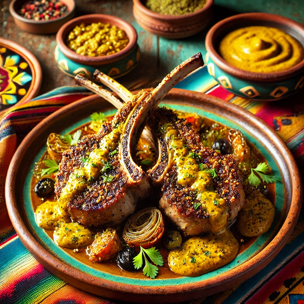 Goudbruin geroosterde lamskoteletten met een krokante mosterdkorst, geserveerd op een rustiek keramisch bord. Het gerecht is gegarneerd met verse kruiden en besprenkeld met een romige mosterdsaus. De warme achtergrond straalt een uitnodigende sfeer uit met levendige kleuren en subtiele decoratieve patronen. 🍖🌿✨