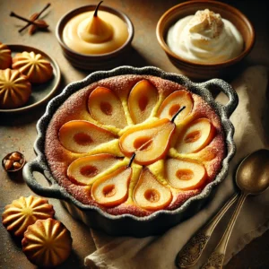 Een prachtig gepresenteerde clafoutis van peren in een rustieke ovenschaal, met goudbruin gebakken perenschijfjes in een romig beslag en bestrooid met vanillesuiker. Ernaast liggen een lepel kastanjepuree, een toefje crème fraîche en delicate madeleines voor een verfijnde afwerking. ✨🍐🍮