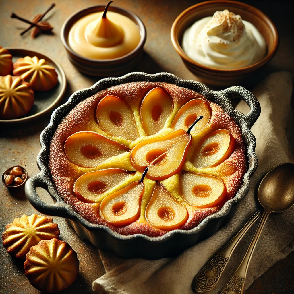 Een prachtig gepresenteerde clafoutis van peren in een rustieke ovenschaal, met goudbruin gebakken perenschijfjes in een romig beslag en bestrooid met vanillesuiker. Ernaast liggen een lepel kastanjepuree, een toefje crème fraîche en delicate madeleines voor een verfijnde afwerking. ✨🍐🍮
