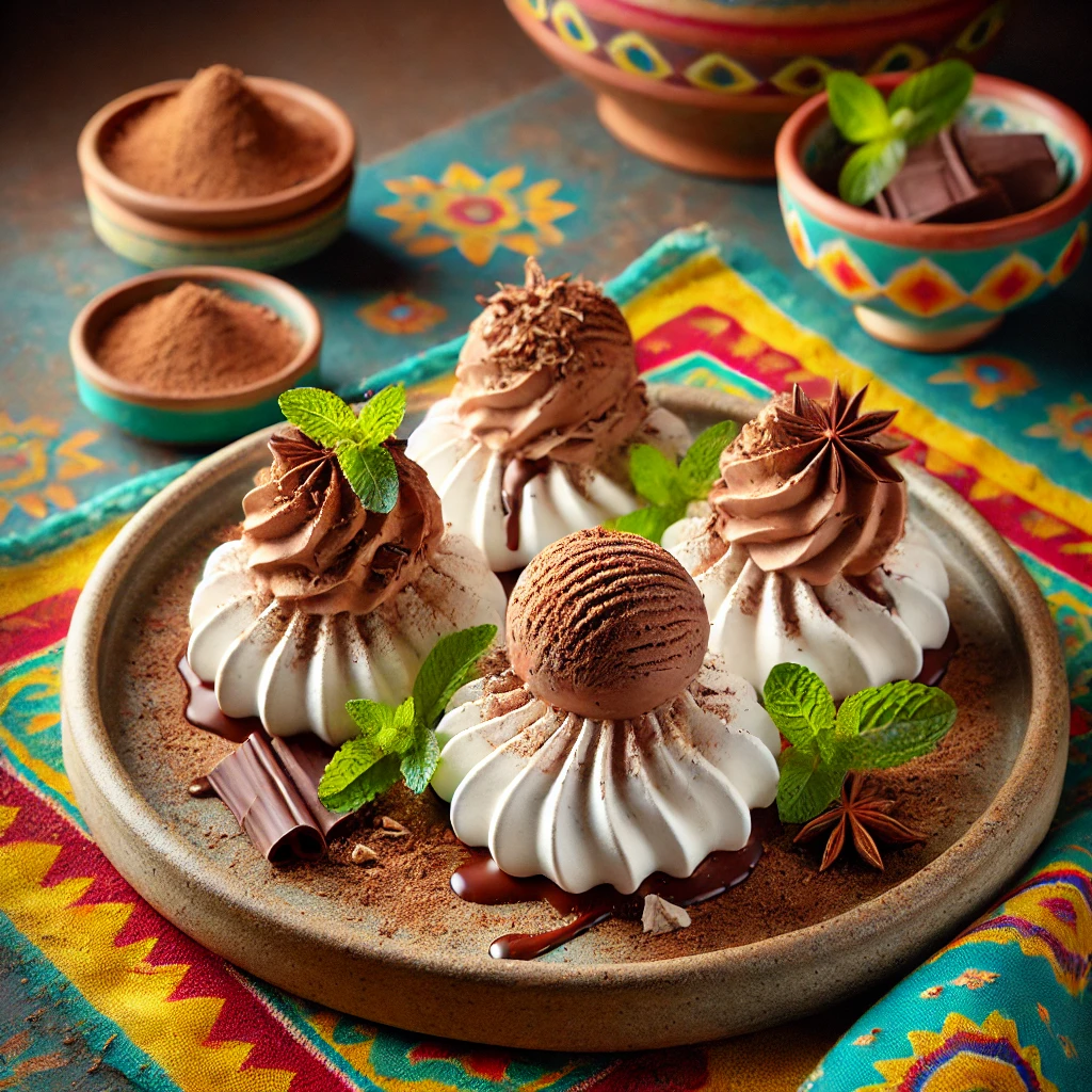 Luchtige, krokante meringuenestjes gevuld met romig chocolade-ijs, subtiel bestoven met cacaopoeder en gegarneerd met chocoladeschaafsel en verse muntblaadjes. De warme achtergrond straalt een uitnodigende sfeer uit met levendige kleuren en subtiele decoratieve patronen. 🍫🍦🌿✨