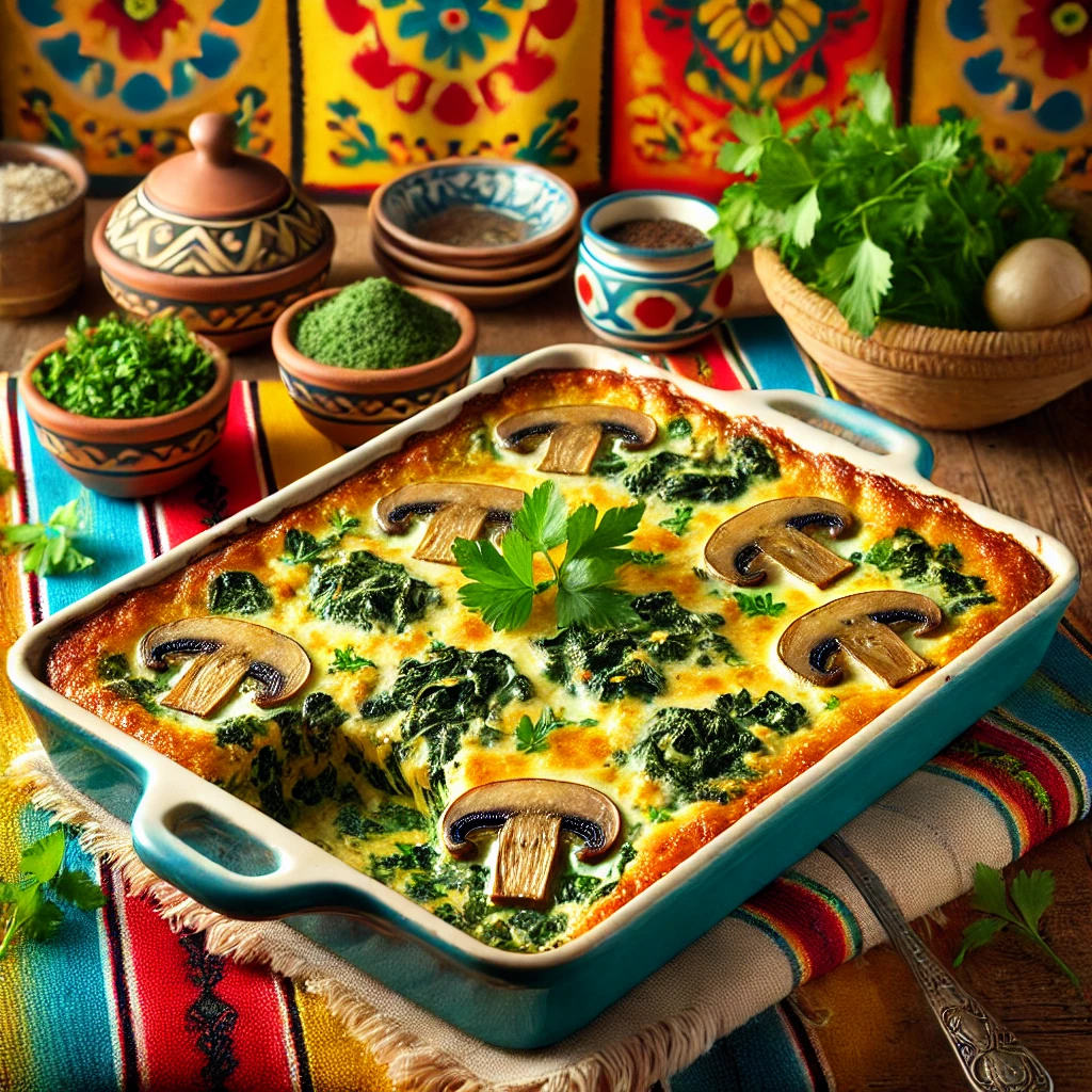 Een romige spinazie-champignon gratin geserveerd in een rustieke ovenschaal, met een goudbruine, bubbelende korst, gegarneerd met verse peterselie. De rijke lagen van béchamelsaus, spinazie en gebakken champignons zijn subtiel zichtbaar. De warme achtergrond heeft levendige patronen en zachte verlichting die het gerecht extra uitnodigend maken. 🍄🧀🌿
