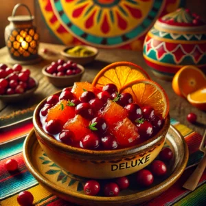 Een rijke sinaasappel-cranberrycompote geserveerd in een rustieke keramische kom, met glanzende rode cranberries en heldere sinaasappelschil als garnering. De warme achtergrond straalt een uitnodigende sfeer uit met levendige kleuren en subtiele decoratieve patronen. 🍊🍇✨