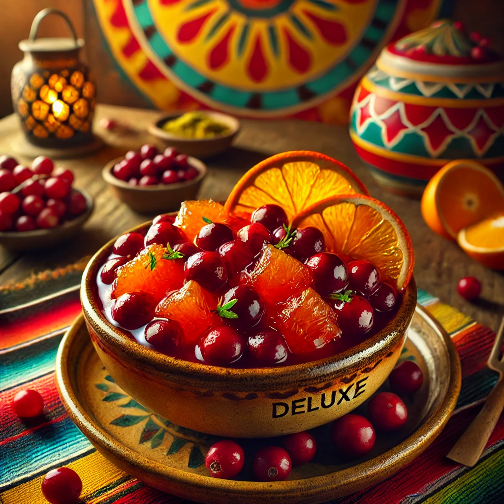 Een rijke sinaasappel-cranberrycompote geserveerd in een rustieke keramische kom, met glanzende rode cranberries en heldere sinaasappelschil als garnering. De warme achtergrond straalt een uitnodigende sfeer uit met levendige kleuren en subtiele decoratieve patronen. 🍊🍇✨