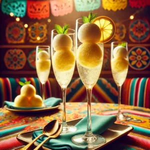 Luxe champagnesorbet geserveerd in elegante champagneglazen, met delicate bolletjes sorbetijs overgoten met sprankelende champagne. De glazen zijn gegarneerd met een dun schijfje citroen en een takje munt. De warme achtergrond heeft levendige patronen en subtiele verlichting die een feestelijke en verfijnde sfeer creëren. 🥂🍋✨