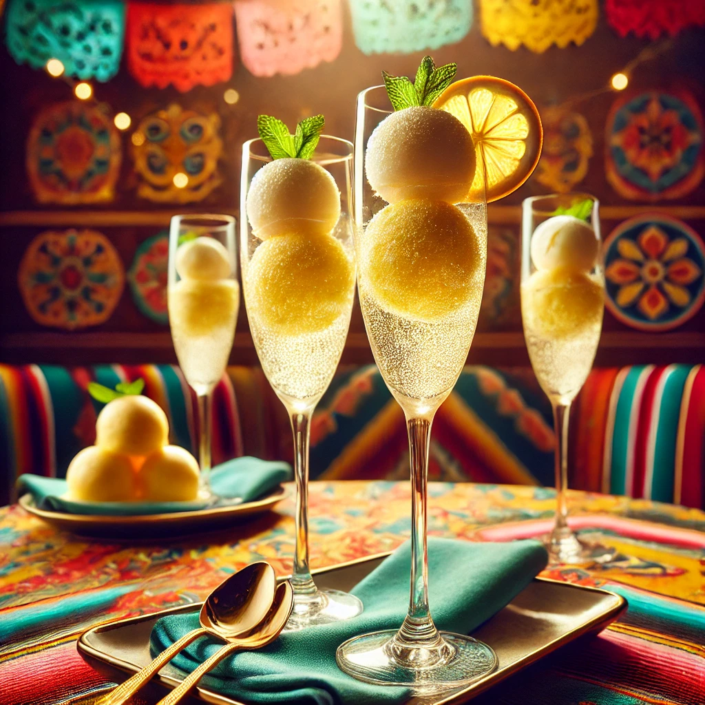 Luxe champagnesorbet geserveerd in elegante champagneglazen, met delicate bolletjes sorbetijs overgoten met sprankelende champagne. De glazen zijn gegarneerd met een dun schijfje citroen en een takje munt. De warme achtergrond heeft levendige patronen en subtiele verlichting die een feestelijke en verfijnde sfeer creëren. 🥂🍋✨
