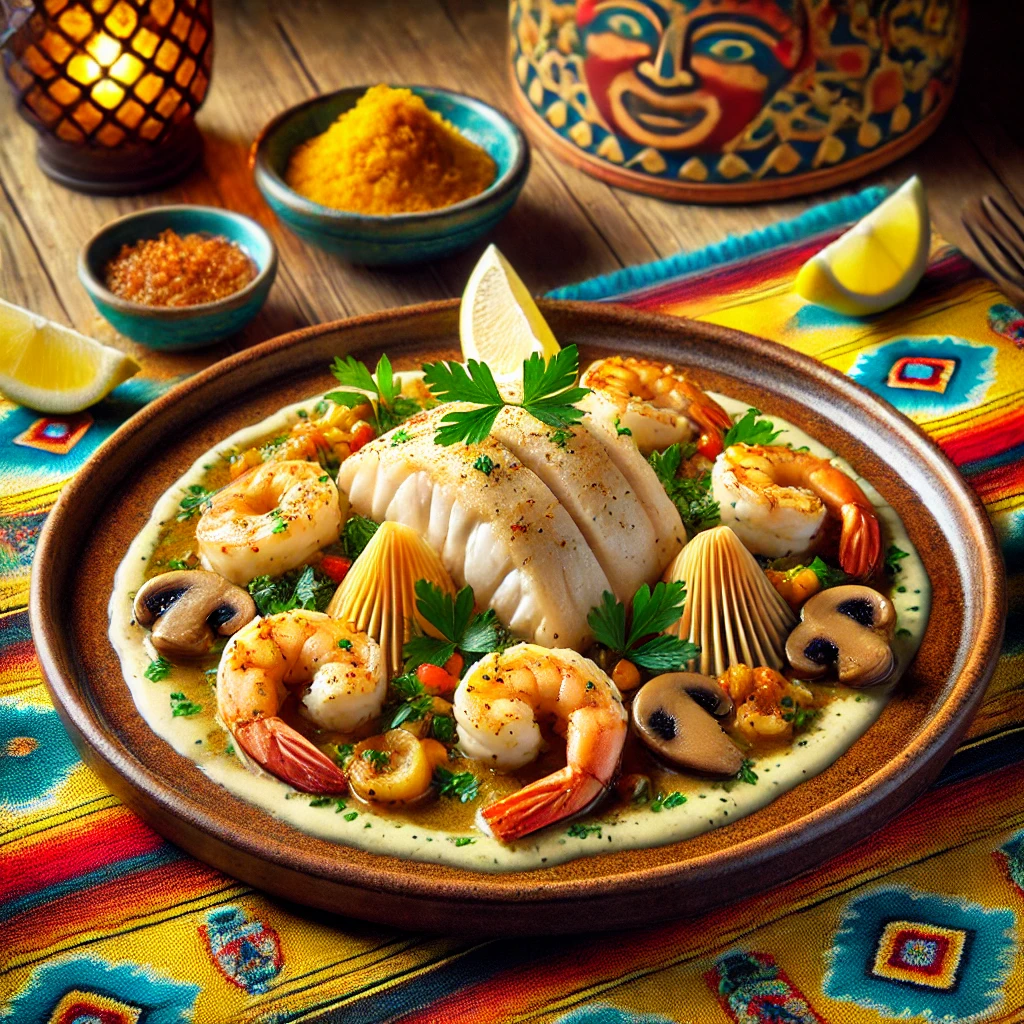 Verfijnde tongfilets elegant gerold en geserveerd op een rustiek keramisch bord, vergezeld door malse garnalen, gebakken champignons en overgoten met een romige saus. Het gerecht is subtiel gegarneerd met verse peterselie en schijfjes citroen. De warme achtergrond straalt een uitnodigende sfeer uit met levendige kleuren en subtiele decoratieve patronen. 🍤🍋✨