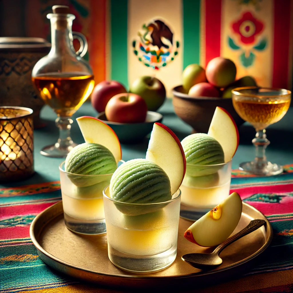Een verfijnde appelsorbet geserveerd in elegante glazen, met zachte, bleekgroene sorbetbolletjes. Elk glas is gegarneerd met een dun appelschijfje en een subtiele scheut Calvados. De warme achtergrond heeft levendige patronen en zachte verlichting, wat zorgt voor een frisse en feestelijke uitstraling. 🍏✨🥂