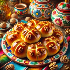 Goudbruine walnootbroodjes, gepresenteerd op een kleurrijke schaal, met zichtbare stukjes walnoot en gegarneerd met hele walnoten.