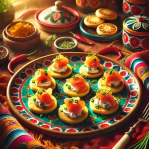 Bieslookblini's met een romige laag crème fraîche, een plakje gerookte zalm en een vleugje verse bieslook, elegant geserveerd op een kleurrijk Mexicaans keramieken bord. De achtergrond straalt een warme, feestelijke sfeer uit met levendige tafelkleden, rustieke houten accenten en decoratieve chilipepers.