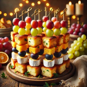 Briochespiesjes met blokjes goudbruin gebakken brioche, romige plakjes brie en een mix van sappige rode en witte druiven, afgewisseld op houten spiesen. Geserveerd op een rustieke schaal tegen een warme, feestelijke achtergrond met zachte, natuurlijke verlichting.