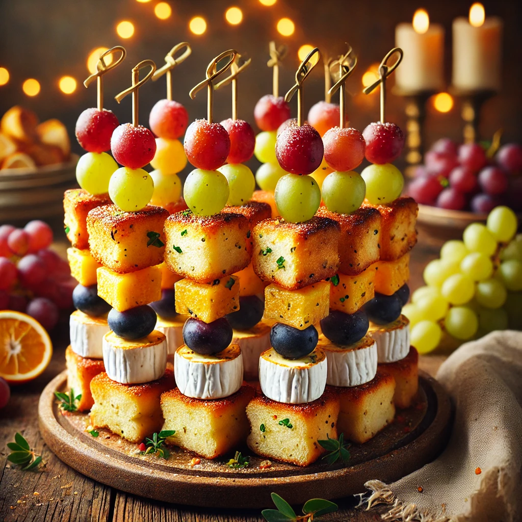 Briochespiesjes met blokjes goudbruin gebakken brioche, romige plakjes brie en een mix van sappige rode en witte druiven, afgewisseld op houten spiesen. Geserveerd op een rustieke schaal tegen een warme, feestelijke achtergrond met zachte, natuurlijke verlichting.