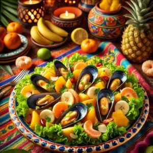 Caribische mosselsalade met banaan, ananas, mandarijnen en geschaafde amandelen, geserveerd op een kleurrijke schaal met tropische garnituur.