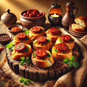 Knapperige broodrondjes belegd met pittige plakjes chorizo, licht geroosterd en gegarneerd met verse kruiden zoals peterselie of basilicum. Geserveerd op een rustieke houten plank tegen een warme mediterrane achtergrond met aardse tinten en traditioneel keramiek.