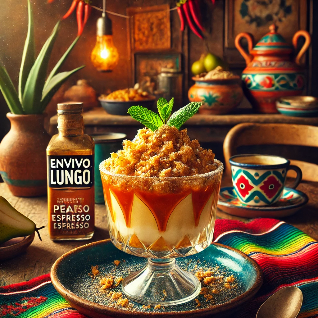 Envivo Lungo Pear Crumble, prachtig geserveerd in een stijlvol dessertglas met lagen gekaramelliseerde peer, krokante kruimeltopping en een rijke espresso-saus. Afgewerkt met een vleugje poedersuiker en een vers muntblaadje. De achtergrond straalt een warme Mexicaanse sfeer uit met kleurrijke tafelkleden, rustieke houten accenten en traditionele keramische details.