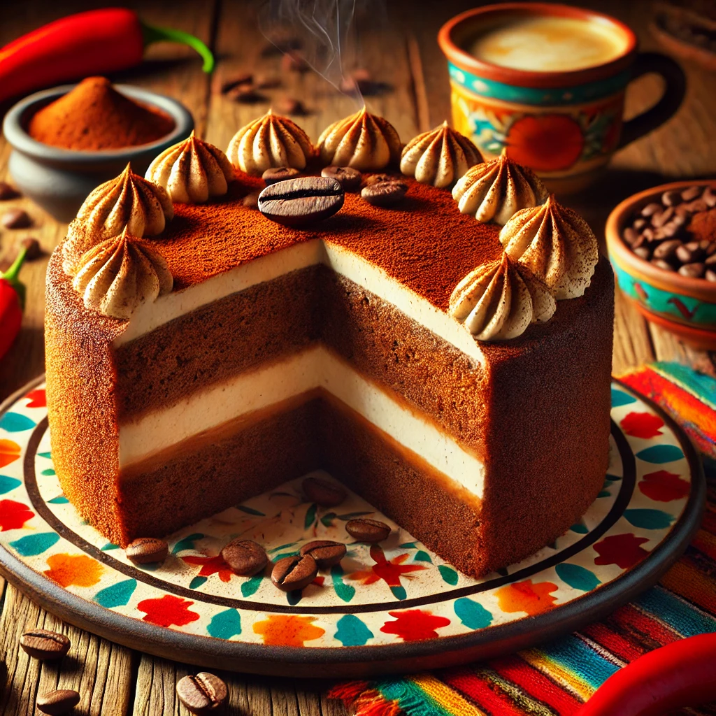 Rijke espresso koffiecake met een glanzende koffieglaçage, bestrooid met cacaopoeder en gegarneerd met een koffieboon en een toefje slagroom. Geserveerd op een kleurrijk Mexicaans keramieken bord, tegen een sfeervolle achtergrond met levendige tafelkleden, rustieke houten accenten en decoratieve chilipepers.