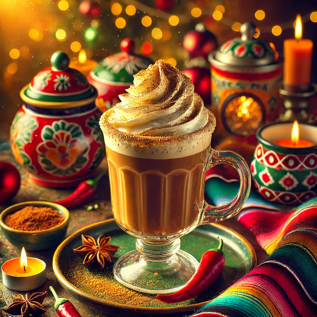 Feestelijke Kerst Mokka geserveerd in een elegant glas, gevuld met romige mokka, afgetopt met een toef slagroom en een vleugje nootmuskaat en cacaopoeder. De achtergrond straalt een Mexicaanse sfeer uit met kleurrijke tafelkleden, traditionele keramieken mokken en decoratieve chilipepers.