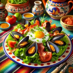 Tuinder's mosselsalade met knapperig spek, gebakken ei, tomatenpartjes en verse tuinkers, geserveerd op een kleurrijke schaal.