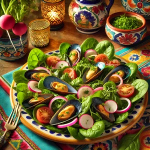Frisse mosselsalade met spinazie, radijs, tomaat en ui, geserveerd op een kleurrijke schaal, gegarneerd met tuinkers en een lichte dressing.