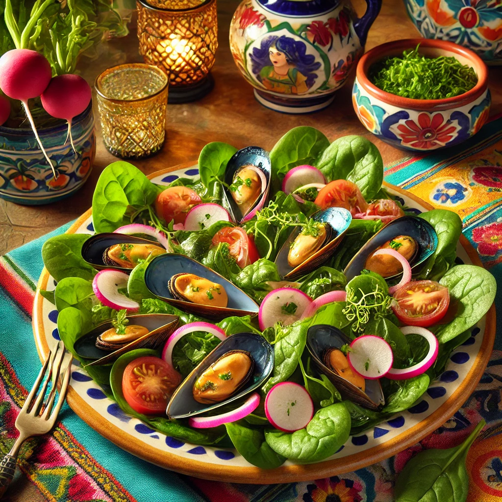 Frisse mosselsalade met spinazie, radijs, tomaat en ui, geserveerd op een kleurrijke schaal, gegarneerd met tuinkers en een lichte dressing.
