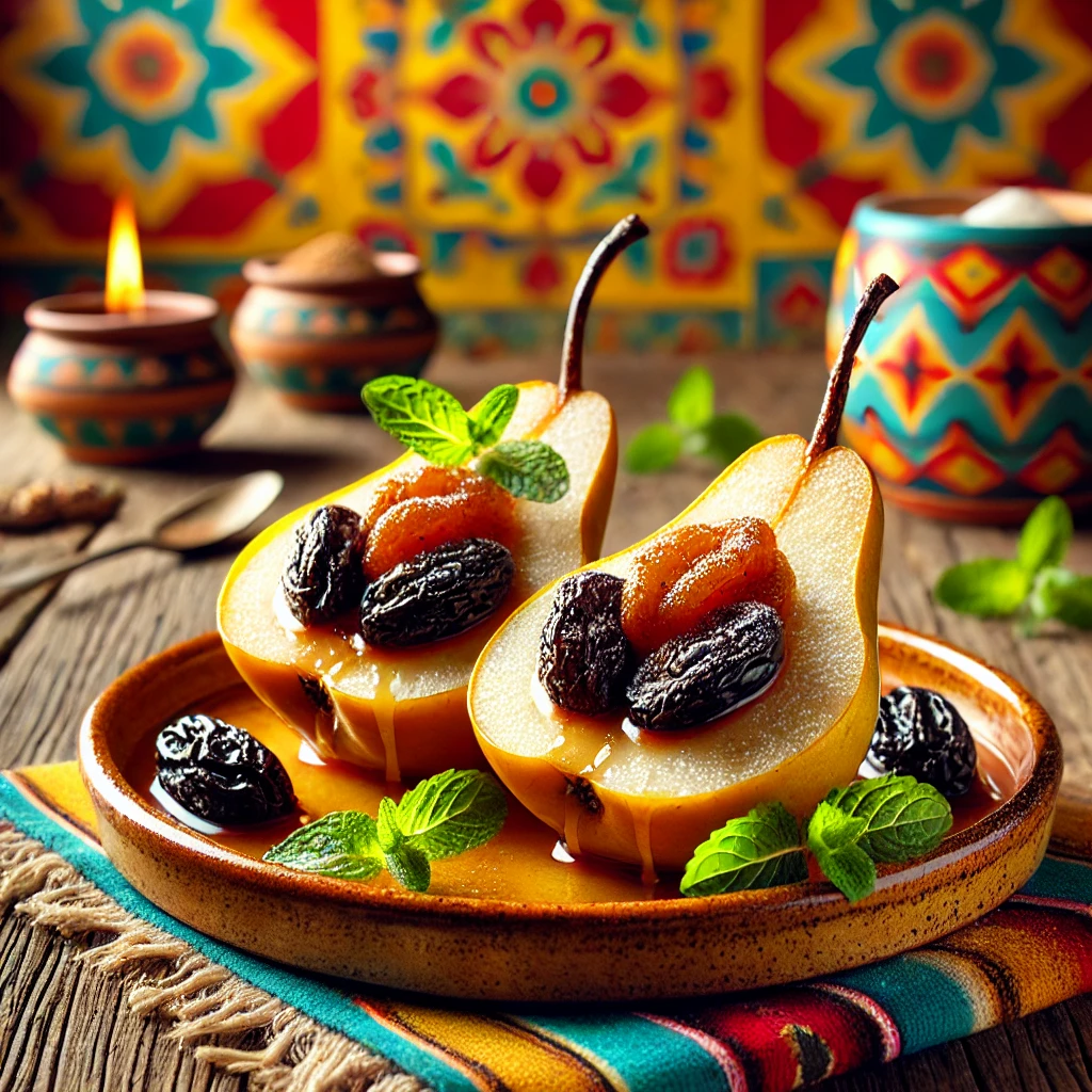 Gehalveerde rijpe peren gevuld met een zoete pruimenmix, geserveerd op een rustiek keramisch bord. De peren zijn subtiel gegarneerd met een vleugje siroop, verse muntblaadjes en een lichte bestuiving van poedersuiker. De warme achtergrond straalt een uitnodigende sfeer uit met levendige kleuren en subtiele decoratieve patronen. 🍐🍯🌿✨