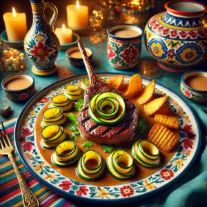Gegrilde struisvogelbiefstuk met een krans van courgetteplakjes, overgoten met een romige Madeirasaus en geserveerd met krokante aardappelblokjes.