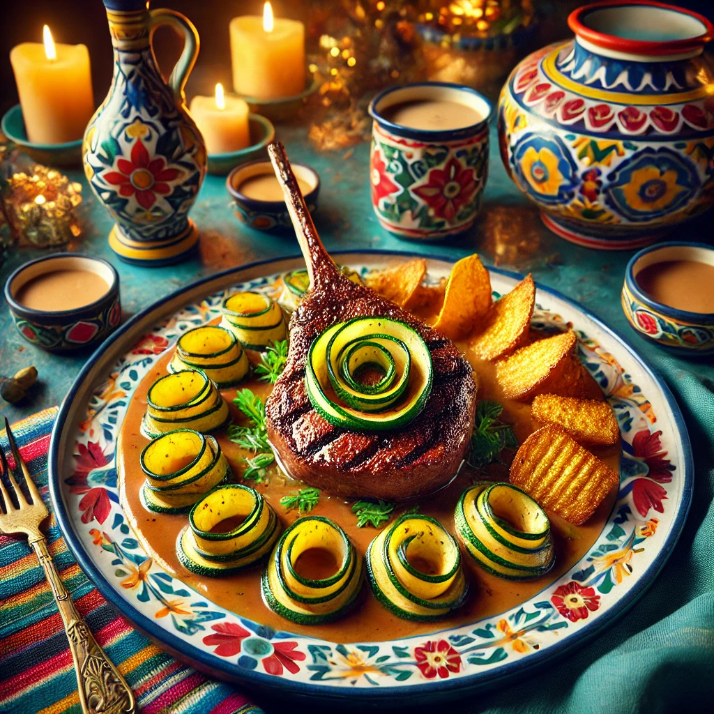 Gegrilde struisvogelbiefstuk met een krans van courgetteplakjes, overgoten met een romige Madeirasaus en geserveerd met krokante aardappelblokjes.
