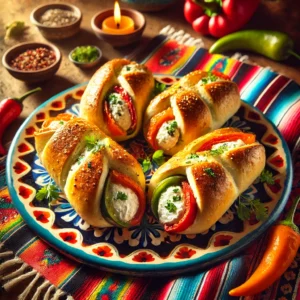 Goudbruine broodrolletjes gevuld met romige geitenkaas en gegrilde paprikareepjes, gegarneerd met verse kruiden. Geserveerd op een kleurrijk Mexicaans keramieken bord, tegen een feestelijke achtergrond met levendige tafelkleden, rustieke houten accenten en decoratieve chilipepers.