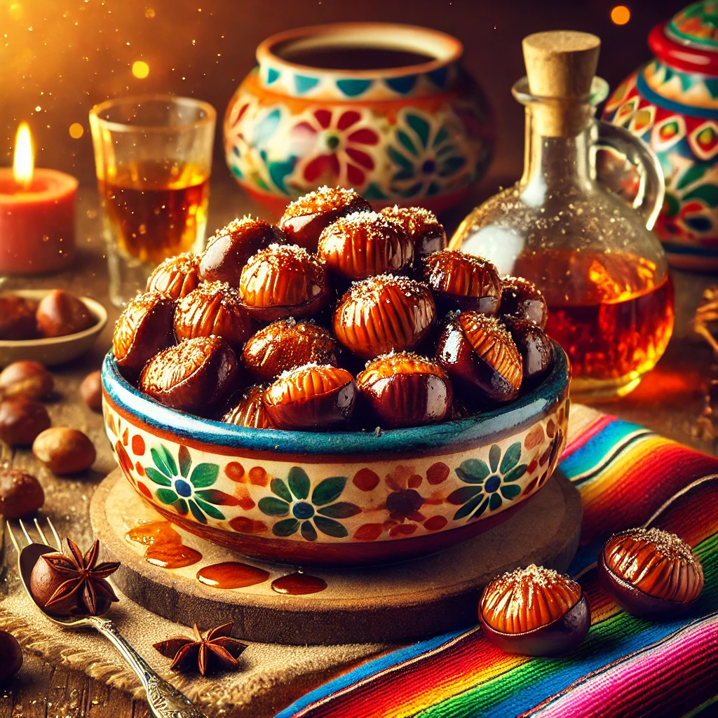 Gekarameliseerde kastanjes met een glanzende suikerglazuur, geserveerd in een kleurrijke schaal en licht besprenkeld met cognac.