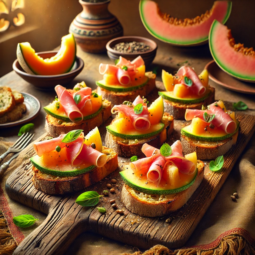 Geroosterde volkoren bruschette met rauwe ham en meloen, geserveerd op een rustieke houten plank. De knapperige sneetjes brood zijn rijkelijk belegd met dunne plakjes rauwe ham, sappige meloenstukjes en een decoratief blaadje verse basilicum. De warme mediterrane achtergrond met aardse tinten en traditioneel keramiek versterkt de culinaire uitstraling.