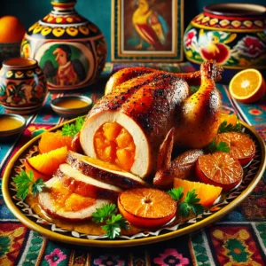 Parelhoen gevuld met abrikozen, geserveerd op een kleurrijke schaal, overgoten met sinaasappelsaus en gegarneerd met verse peterselie en sinaasappelschijfjes.