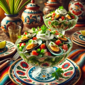 Groene Lagune mosselcocktail, geserveerd in glazen schaaltjes, met romige saus, tomaat, paprika, schijfjes ei en gehakte peterselie, op een kleurrijke schaal.