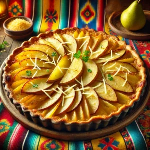 Een hartige aardappel- en perentaart met cheddar, gebakken tot een goudbruine perfectie en elegant gepresenteerd op een rustiek keramisch bord. De lagen van dun gesneden aardappelen, rijpe peren en gesmolten cheddar zijn duidelijk zichtbaar. De taart is afgewerkt met geraspte oude kaas en een takje verse kruiden. De warme achtergrond straalt een uitnodigende sfeer uit met levendige kleuren en subtiele decoratieve patronen. 🥔🍐🧀✨
